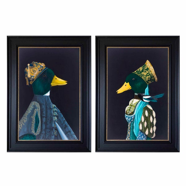 Duck Portraits, Pair of original acrylic paintings on canvas, in black wooden frames, medieval style portraits for country house look