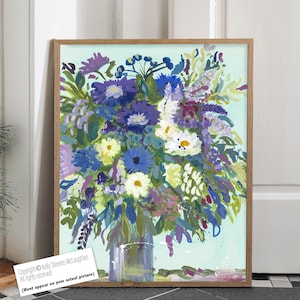 Modern abstract flower print, Colourful floral painting, Large Canvas Flower Bouquet art from hand painted original painting, Blue white