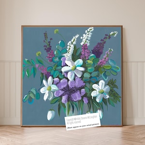 Colorful floral painting, Modern abstract flower art print, Large Canvas Flower Bouquet art from original painting, Blue White Purple