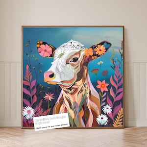 Cow Wall Art Print – Southwestern Rustic Boho Cattle Portrait with Desert Florals and Turquoise Accents – “Isolde” Ranch House Decor
