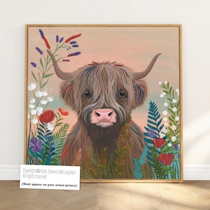 Highland Cow Wall Art Print – Colourful Floral Cow Canvas for Farmhouse Decor, Living Room or Kitchen – Pretty Farm Animal Picture