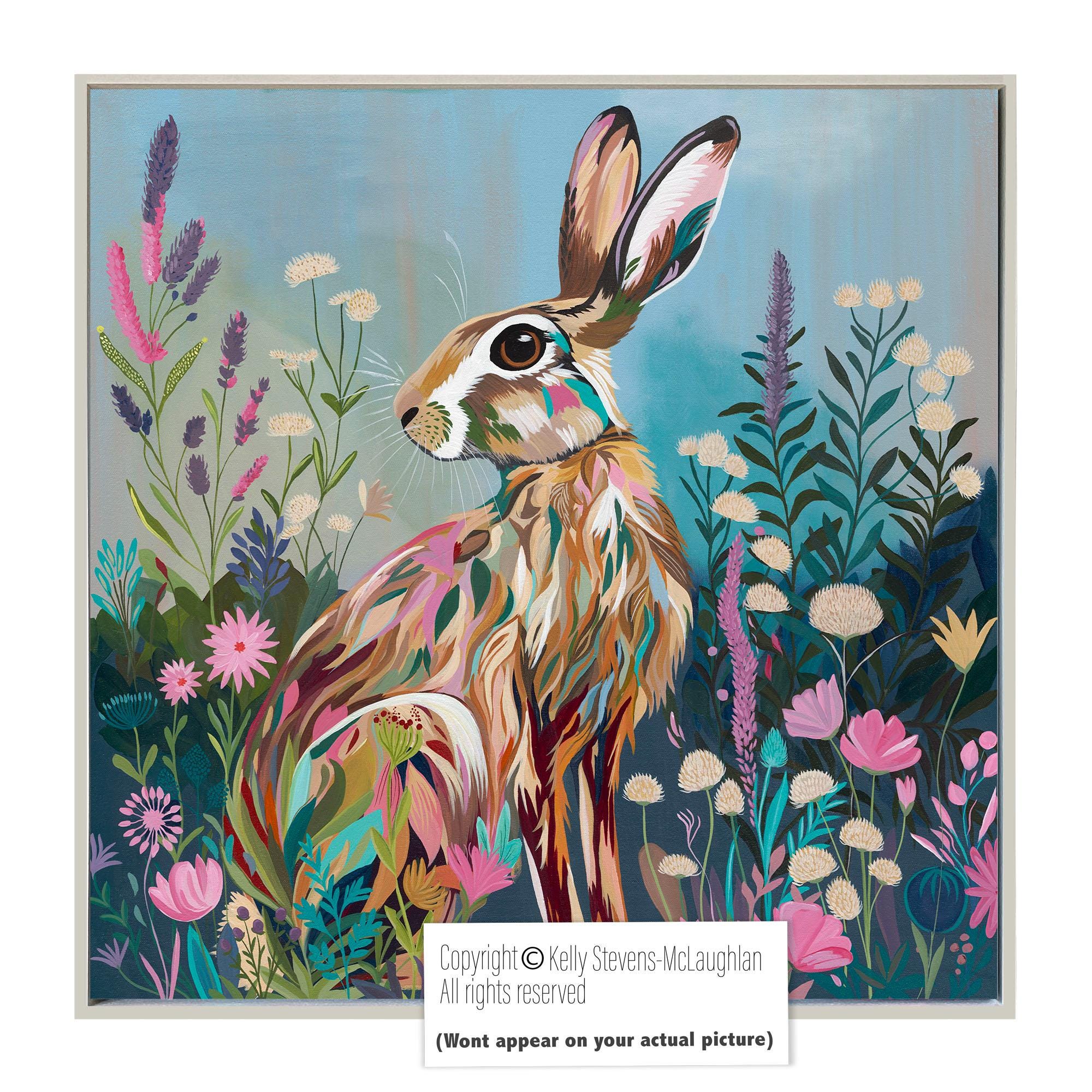 Original hare painting, hand painted wildlife acrylic on canvas, framed animal art, whimsical spirit rabbit, floral woodland fairytale