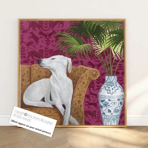 White Greyhound Dog Art Print, Blue white Chinoiserie Hot PinkLarge Canvas, Whippet Sight Hound Wall Art, Dog lover Gift, grandmillenial