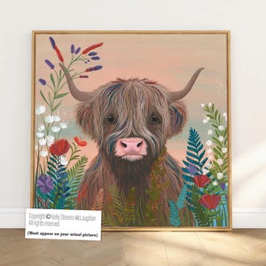 Highland Cow Wall Art Print – Colourful Floral Cow Large Canvas for Farmhouse Decor, Living Room or Kitchen – Pretty Farm Animal Picture