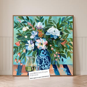 Colorful floral painting, Modern abstract flower print, Flower Bouquet art from hand painted original painting, Blue White Chinoiserie Vase