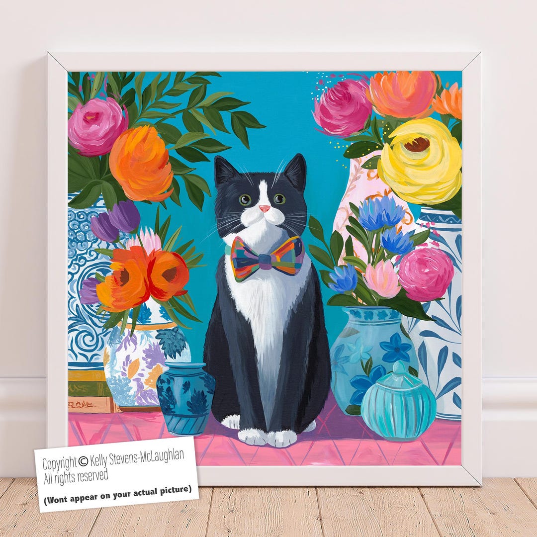 Tuxedo Cat Art Print – Floral Chinoiserie Wall Art for Black and White ...