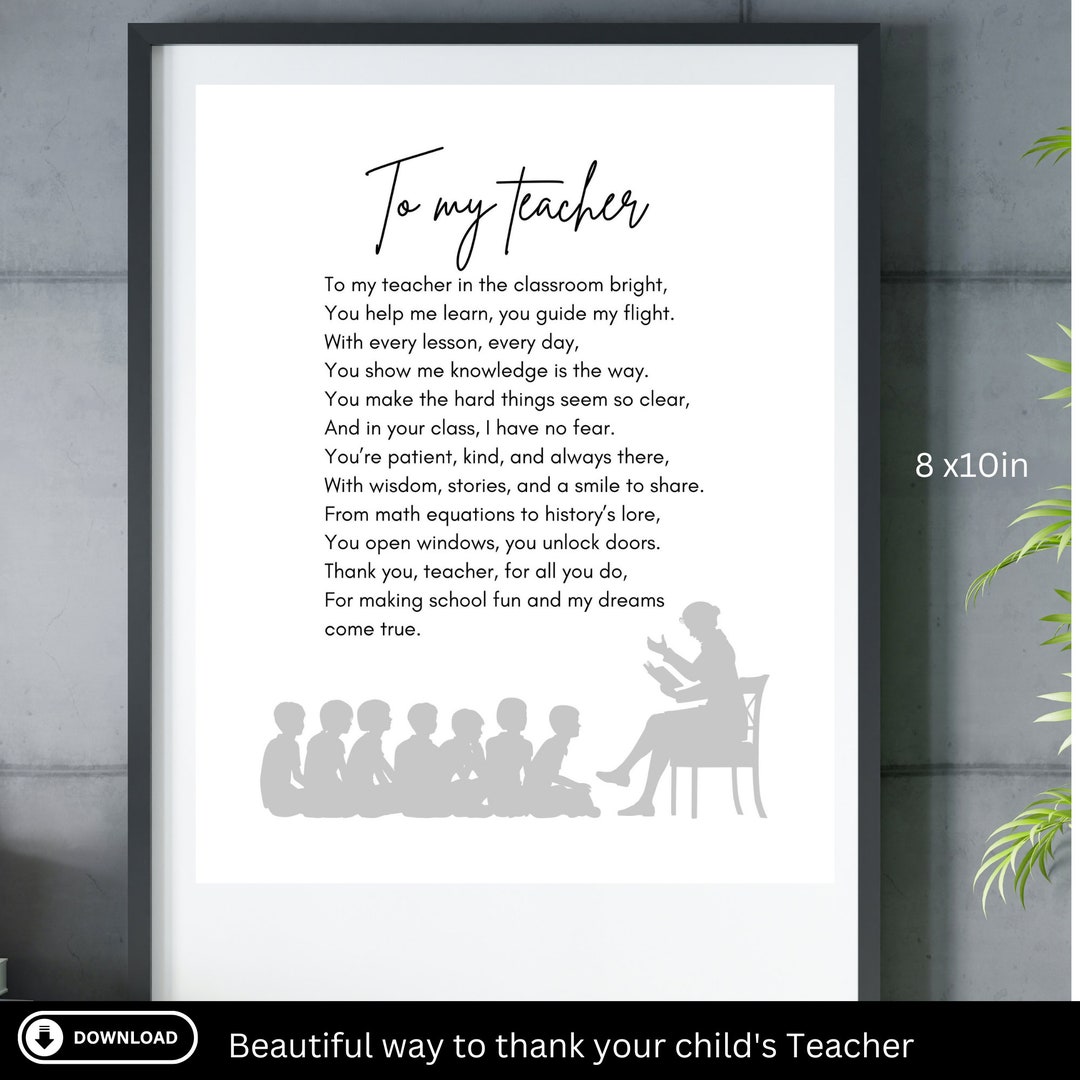 Heartfelt Poem for Teacher Unique Appreciation Gift, Instant Download ...