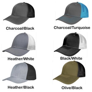 May include: A collection of six baseball caps in various color combinations. The caps feature a structured front panel and a mesh back. Color options include Charcoal/Black, Charcoal/Turquoise, Heather/White, Black/White, Heather/Black, and Olive/Black.