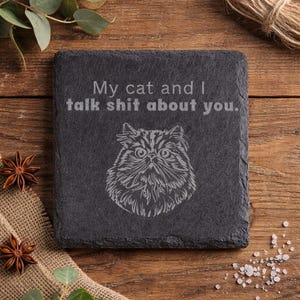 May include: A square, dark gray slate coaster with the text "My cat and I talk shit about you." A detailed illustration of a cat is below the text. The coaster is on a wooden surface.