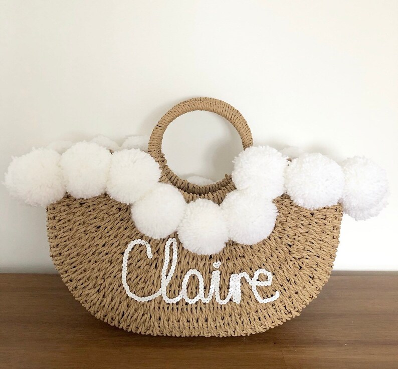 Personalised pom pom straw basket beach bag Etsy