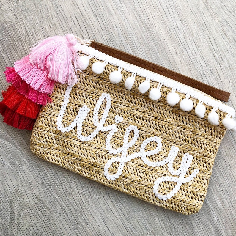 Honeymoon Bride Personalised Luxury Straw Clutch Bag Etsy