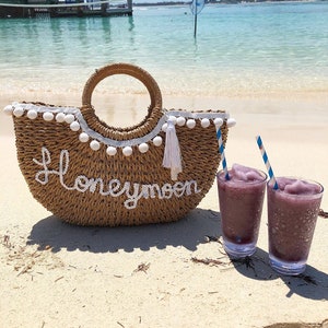 Luxury Personalised honeymoon straw basket beach bag handbag