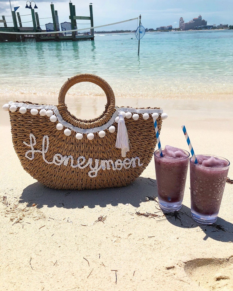Luxury Personalised honeymoon straw basket beach bag handbag 
