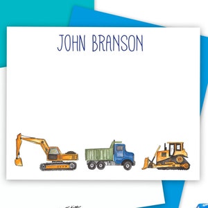 Construction Trucks Kids Personalized Stationery Set of 12 with Envelopes, Excavator Gifts for Birthday, Vehicle Thank You Cards
