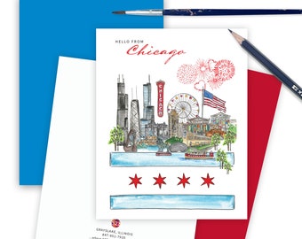 Chicago Skyline Greeting Card, Skyline Card from Chicago, New Job Gift for Him, Hello from Chicago Note Card, Chicago Lover Stationery