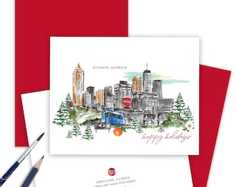 Atlanta Georgia Skyline Christmas Card Set of 10, Folded Notes with Envelopes, Atlanta Lover Happy Holiday Card from Atlanta Georgia