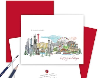 Chicago Skyline Christmas Card Set of 10, Folded Notes with Envelopes, Chicago Lover Happy Holiday Card from Chicago Illinois Christmas