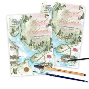 Watercolor Wedding Maps, Hand Painted Map, Save the Date Wedding Maps, Personalized Wedding Maps, Hand Drawn Custom Itinerary, Invitation
