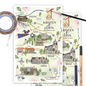 Love Story Custom Wedding Maps, Personalized Wedding Maps, Watercolor Wedding Maps, Illustrated Map, Hand Painted Guest Map, Hand Drawn