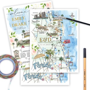 Jacksonville Florida Watercolor Wedding Maps, Custom Wedding Maps, Personalized Wedding Maps, Map Illustration, Hand Painted Map