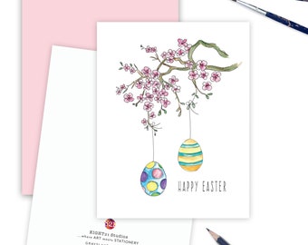 Happy Easter Card, Cherry Blossom Easter Greeting Card, Nonreligious Easter Card, Watercolor Easter Notes, Happy Easter for Family