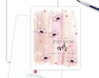 Happy Birthday Card Best Step Mom Ever Card, Greeting Card Floral Card for Bonus Mom, Best Mother Greeting, Birthday Card for Step Parent