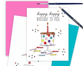 Whimsical Birthday Card, Happy Birthday Greeting Card, Fun Cake Birthday Card, Generic Birthday Card, Cute Happy Birthday Note HAPHAP