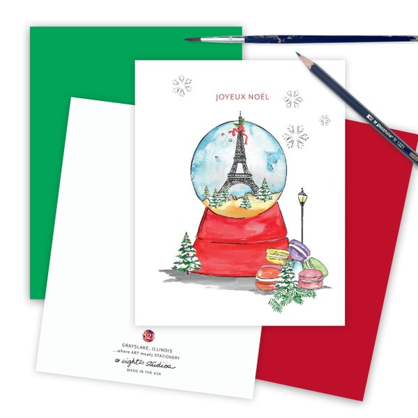Cute Eiffel Tower Christmas Card, Paris France Christmas Card, Joyeux Noel Christmas Cards, Happy Holidays Winter Notecard for French Friend