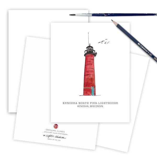 Kenosha North Pier Lighthouse Greeting Card, Lighthouse Lovers Card, Nautical Cards Light House Stationery Wisconsin Lighthouse Art