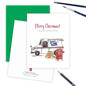 May include: A watercolor illustration of a white mail truck with red and blue accents, decorated with Christmas lights. The truck is carrying packages and a red mailbox with a Santa Claus design. The text "Merry Christmas! You are appreciated" is written in red.
