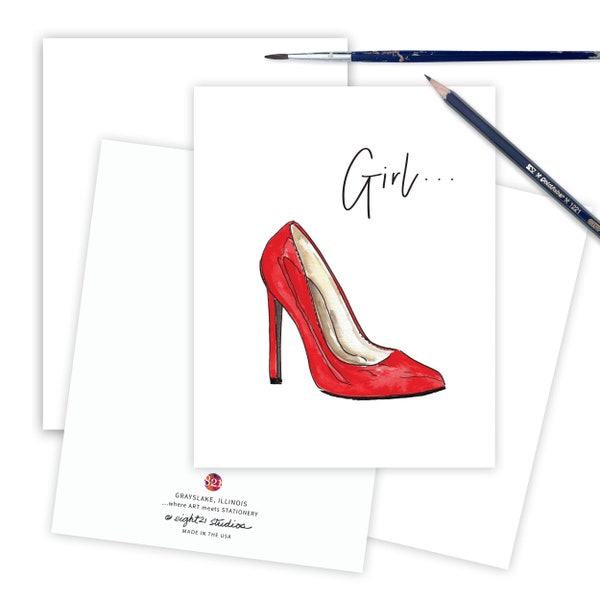 Fashion Greeting Card for Girlfriend, Red Stiletto Shoe Funny Bestie Card, Fun Checking In Card, Red High Heel Shoe Card for Women HEEL