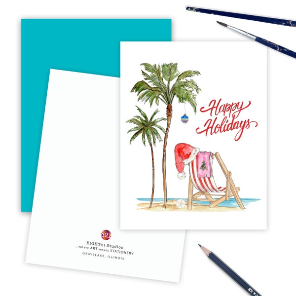 Tropical Christmas Cards, Happy Holiday Card Set Tropical, Santa at the Beach, Gone to the Beach Love Santa, Beachy Christmas Cards