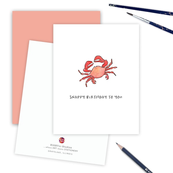 Crab Birthday Card, Crab Punny Birthday Card, Coastal Crab Watercolor Cards, Ocean Birthday Card, Nautical Birthday Card, Snappy Notes