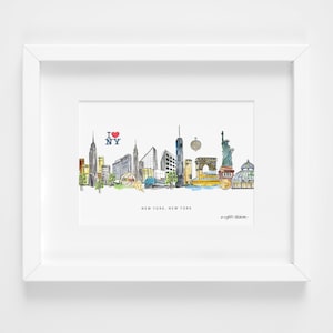 New York City Skyline Wall Decor Print, 7x5 Watercolor Art Prints, Illustration Art Prints Wall Decor, Manhattan Cityscape Art New York