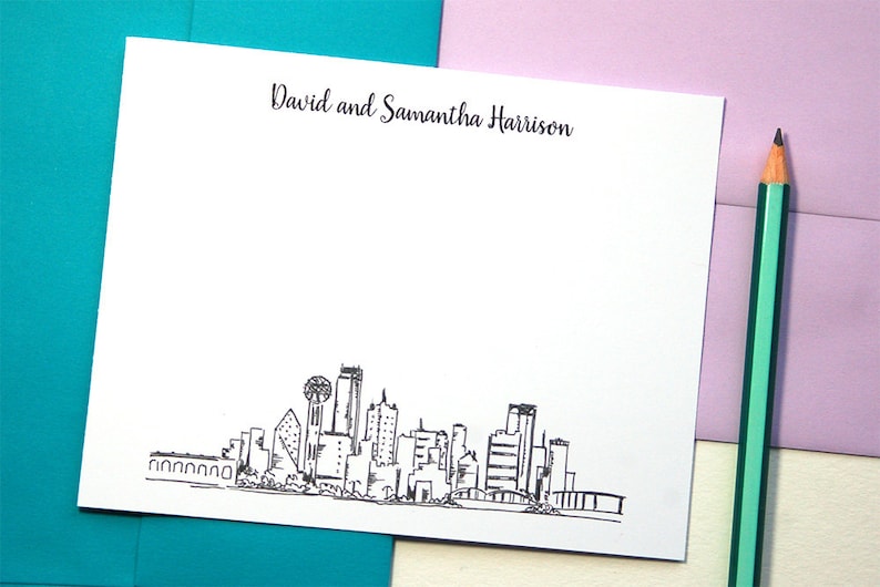 Bridal Shower Gift Dallas Skyline Art Personalized Stationery Set Mens Stationary Set of 12 Wedding Thank You Cards
