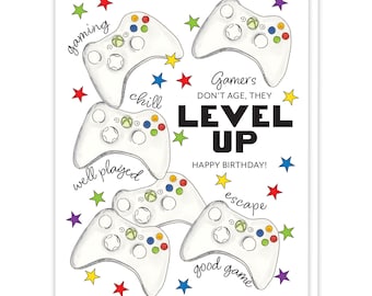 Funny Gamer Birthday Card, Video Gaming Birthday Party, Themed Birthday Card, Video Game, Level Up Gamer, Card for Teen Boy Birthday