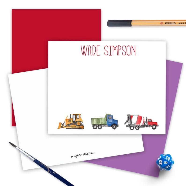 Construction Trucks Kids Personalized Stationery Set of 12 with Envelopes, Gifts for Birthday Thank You Cards, Gift for Kids Note Cards image 2