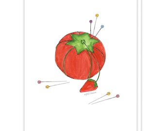 Tomato Pincushion Greeting Card, Sewing Card, Quilter Gift, Seamstress Card, Red Tomato Card, Sewist Gift for Her, Fabric Lovers Note Card