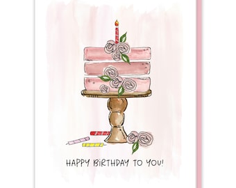 Pink Birthday Cake Greeting Card, Fun Feminine Birthday Card for Her, Blank Inside, Floral Cake Card, Cute Watercolor Birthday Greeting Card