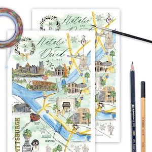 Pittsburgh Custom Wedding Maps, Hand Painted Guest Map, Custom Wedding Maps, Map Itinerary Wedding Custom Illustrated Watercolor Wedding Map