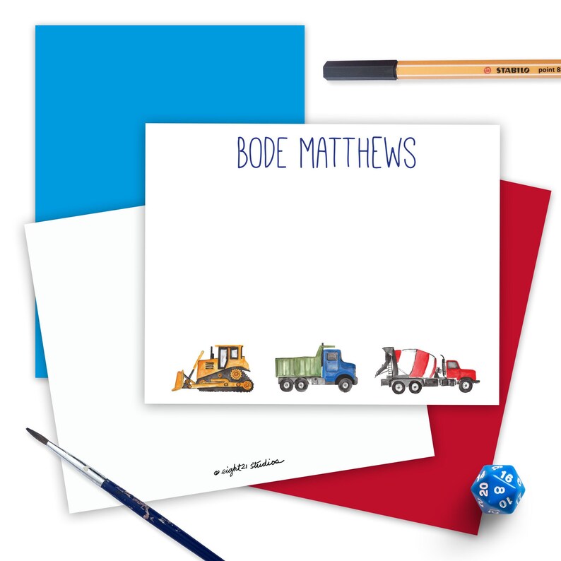 Construction Trucks Kids Personalized Stationery Set of 12 with Envelopes, Gifts for Birthday Thank You Cards, Gift for Kids Note Cards image 1