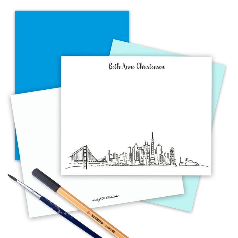 San Francisco Skyline Art, Personalized Stationery for Relocation, Wedding Thank You Cards, San Francisco Gift, Mens Stationary Set of 12 image 1