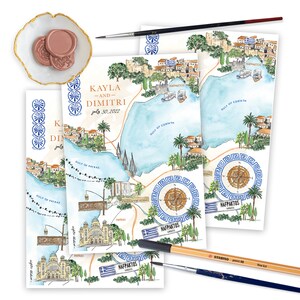 Watercolor Wedding Maps, Greece Hand Painted Map, Save the Date Wedding Maps, Personalized Wedding Maps, Hand Drawn Custom Wedding Itinerary