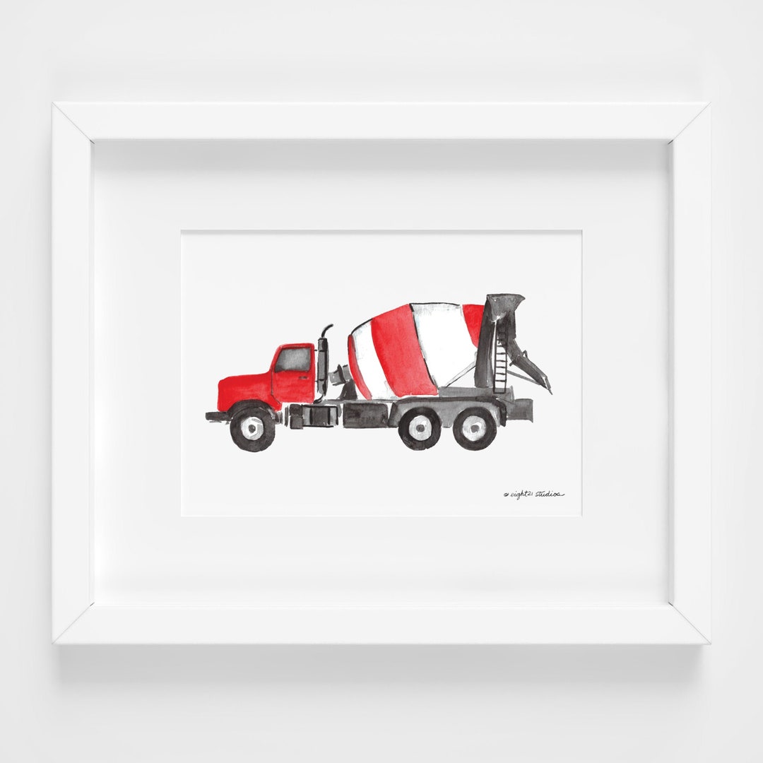 Cement Mixer Truck Print for Nursery, 7x5 Watercolor Cement Mixer Art