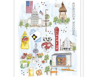 Carte de voeux Madison Wisconsin Skyline, carte Skyline pour un nouvel emploi, cadeau pour elle, carte Bonjour de Madison, carte de papeterie pour amoureux des blaireaux