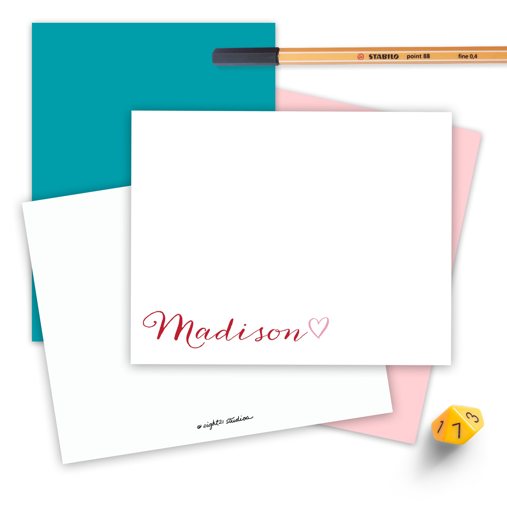 Set of 12 Cards with White Envelopes Elegant Personalized Note Cards