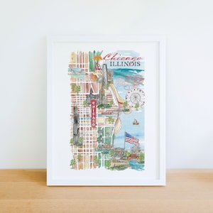 City Art Chicago Wall Art for Chicago Lovers, Chicago Skyline Art Print, Chicago Illinois, Relocation Gift Chicago, Wall Decor Map Chicago