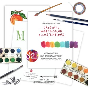 Op de afbeelding: Een witte kaart met de tekst "WE DESIGN AND USE ORIGINAL WATERCOLOR ILLUSTRATIONS" in rood. De kaart heeft ook de tekst "WE DO NOT SELL OUR ORIGINAL ARTWORK AS DIGITAL DOWNLOADS" in zwart. De kaart heeft een stempel met de tekst "GRAYSLAKE, ILLINOIS where ART meets STATIONERY eight21 studios MADE IN THE USA" en een stempel met de tekst "THIS IS US! (OUR HALLMARK STAMP)".