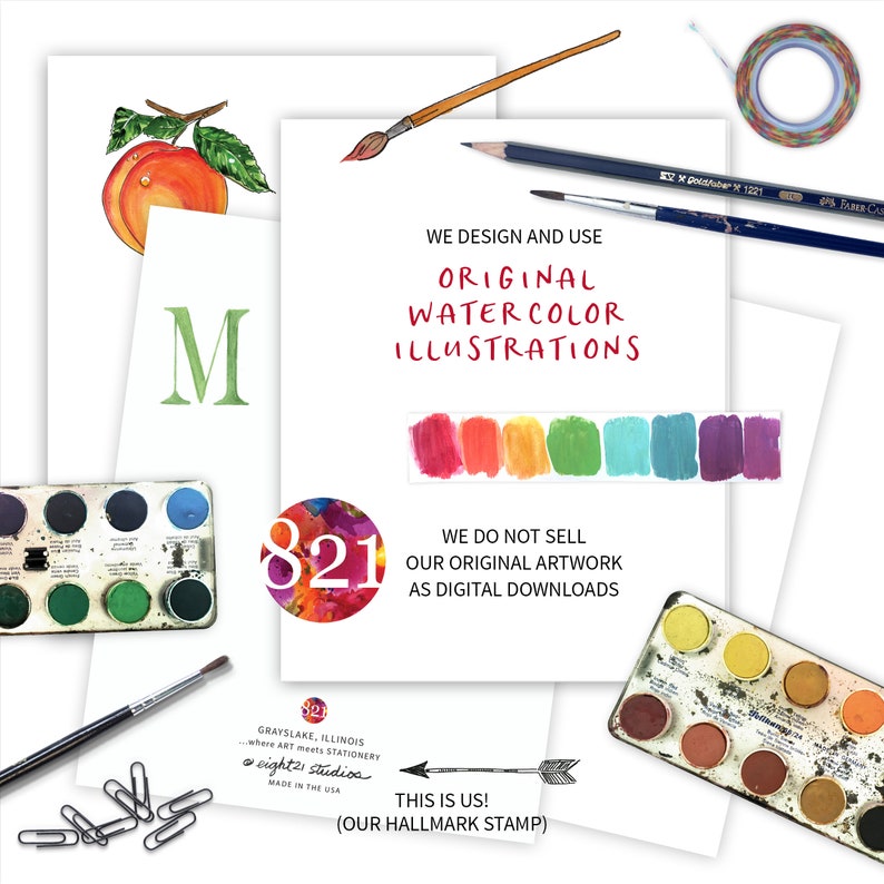 Peut inclure: Une carte blanche avec le texte "WE DESIGN AND USE ORIGINAL WATERCOLOR ILLUSTRATIONS" en rouge et noir. La carte a &eacute;galement le texte "WE DO NOT SELL OUR ORIGINAL ARTWORK AS DIGITAL DOWNLOADS" en noir. La carte a une bande de peinture aquarelle rouge, orange, jaune, verte, bleue et violette en haut. La carte a &eacute;galement un autocollant rond avec le num&eacute;ro "821" en blanc sur un fond rouge, orange, jaune, vert, bleu et violet. La carte a &eacute;galement un petit autocollant avec le texte "321 GRAYSLAKE, ILLINOIS where ART meets STATIONERY eight21 studios MADE IN THE USA" en noir. La carte a &eacute;galement une petite fl&egrave;che pointant vers la droite avec le texte "THIS IS US! (OUR HALLMARK STAMP)" en noir.