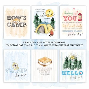 May include: A set of six camp-themed A2 cards, each 4.25 x 5.5 inches, with white envelopes. The cards feature watercolor illustrations and phrases like "How's Camp?" and "Hello from home!" with camping imagery.